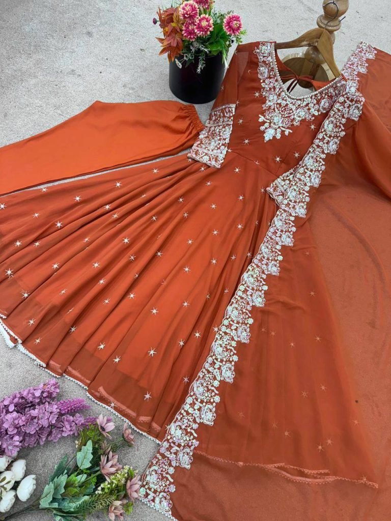 Orange heavy blooming faux embroidered anarkali three piece set