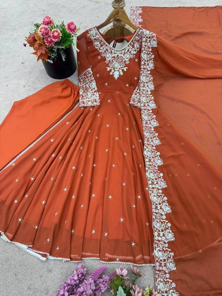 Orange heavy blooming faux embroidered anarkali three piece set