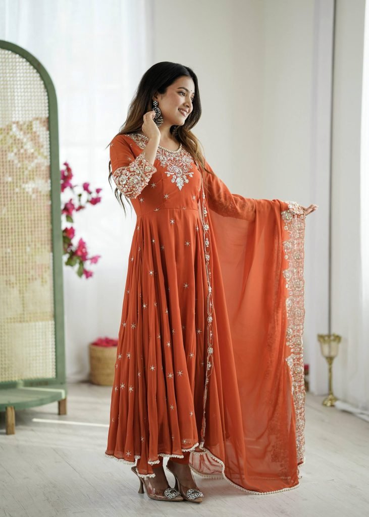 Orange heavy blooming faux embroidered anarkali three piece set