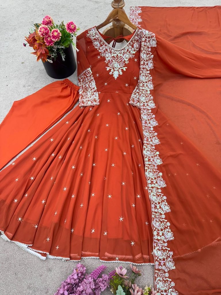 Orange heavy blooming faux embroidered anarkali three piece set