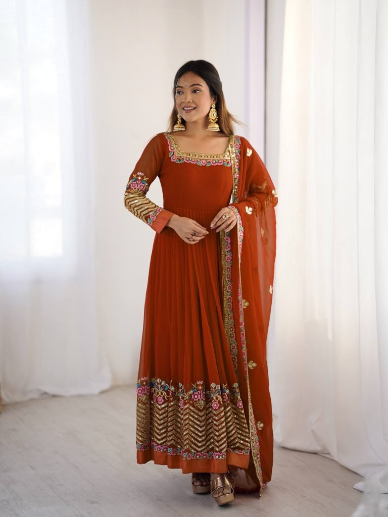 Orange heavy georgette embroidered sequence anarkali three piece set
