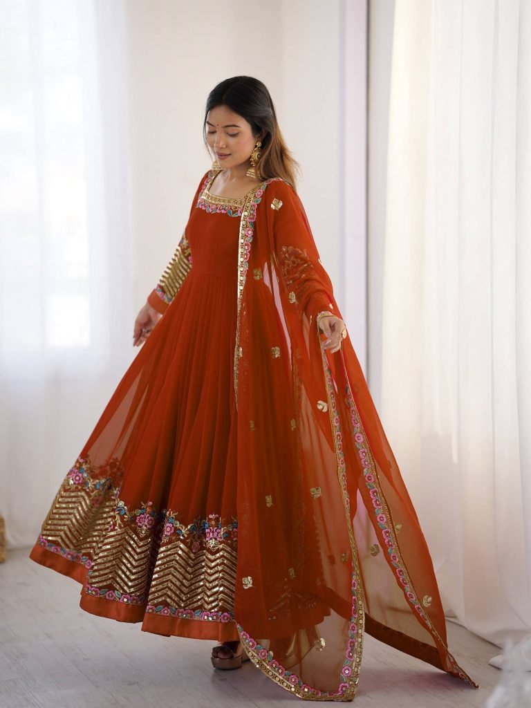 Orange heavy georgette embroidered sequence anarkali three piece set
