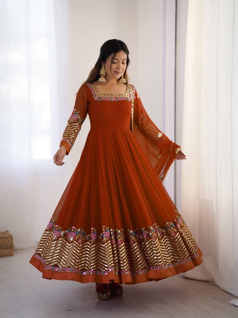 Orange heavy georgette embroidered sequence anarkali three piece set