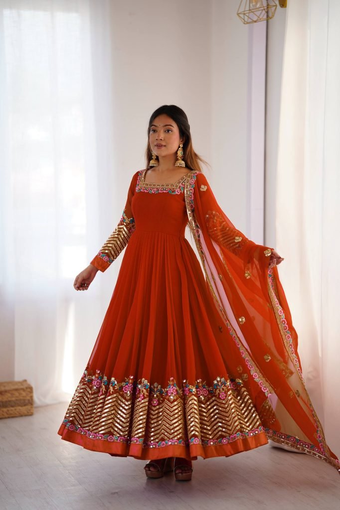 Orange heavy georgette embroidered sequence anarkali three piece set