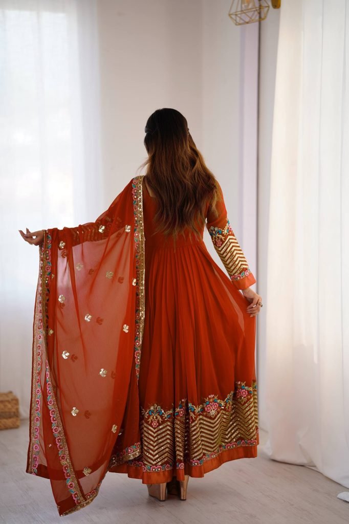 Orange heavy georgette embroidered sequence anarkali three piece set