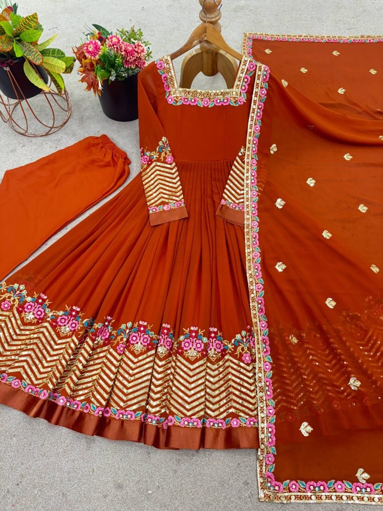 Orange heavy georgette embroidered sequence anarkali three piece set