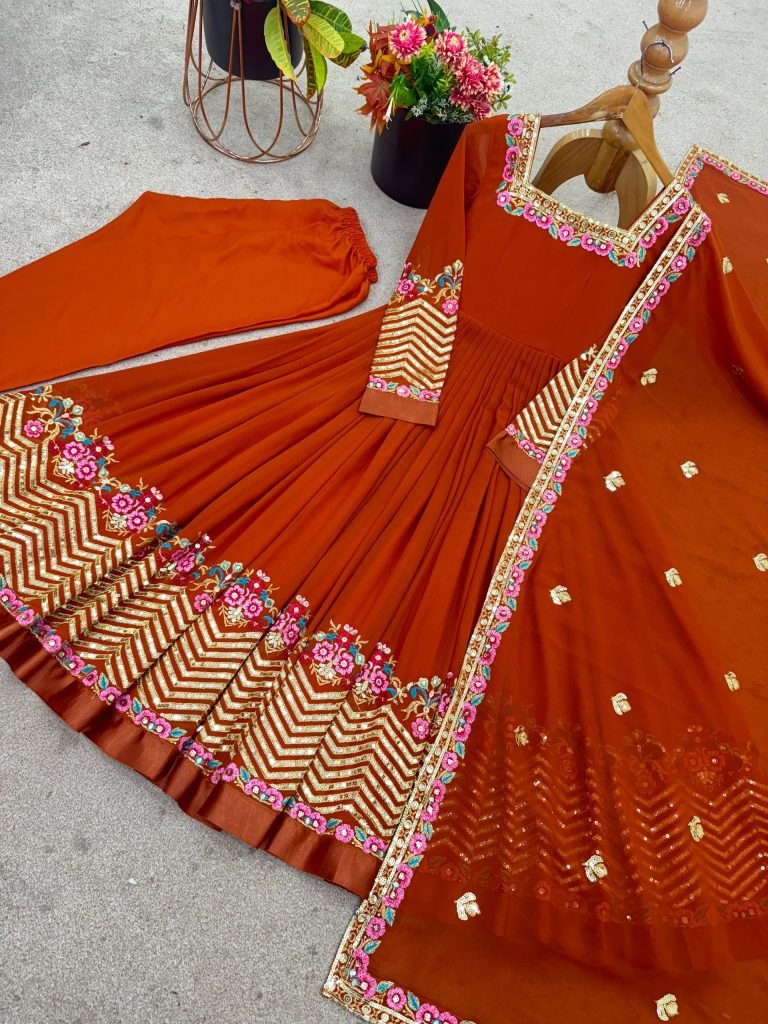 Orange heavy georgette embroidered sequence anarkali three piece set
