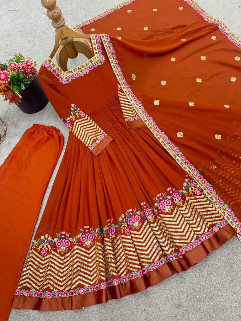 Orange heavy georgette embroidered sequence anarkali three piece set