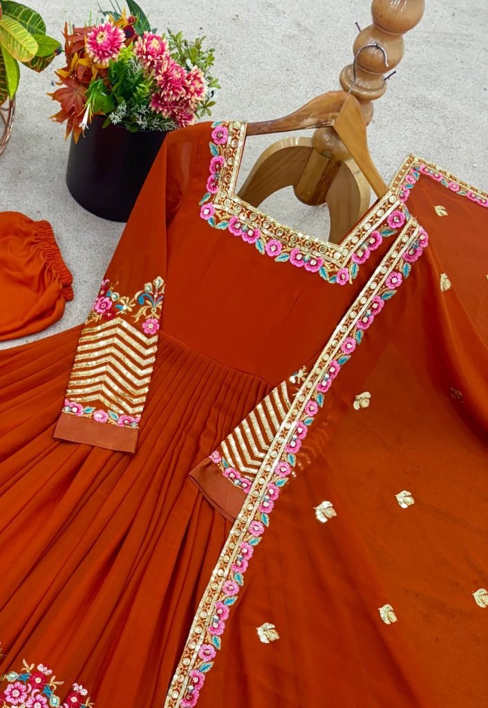Orange heavy georgette embroidered sequence anarkali three piece set