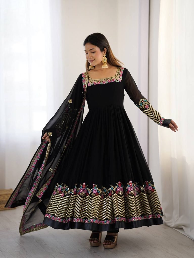 Black heavy georgette embroidered sequence anarkali three piece set