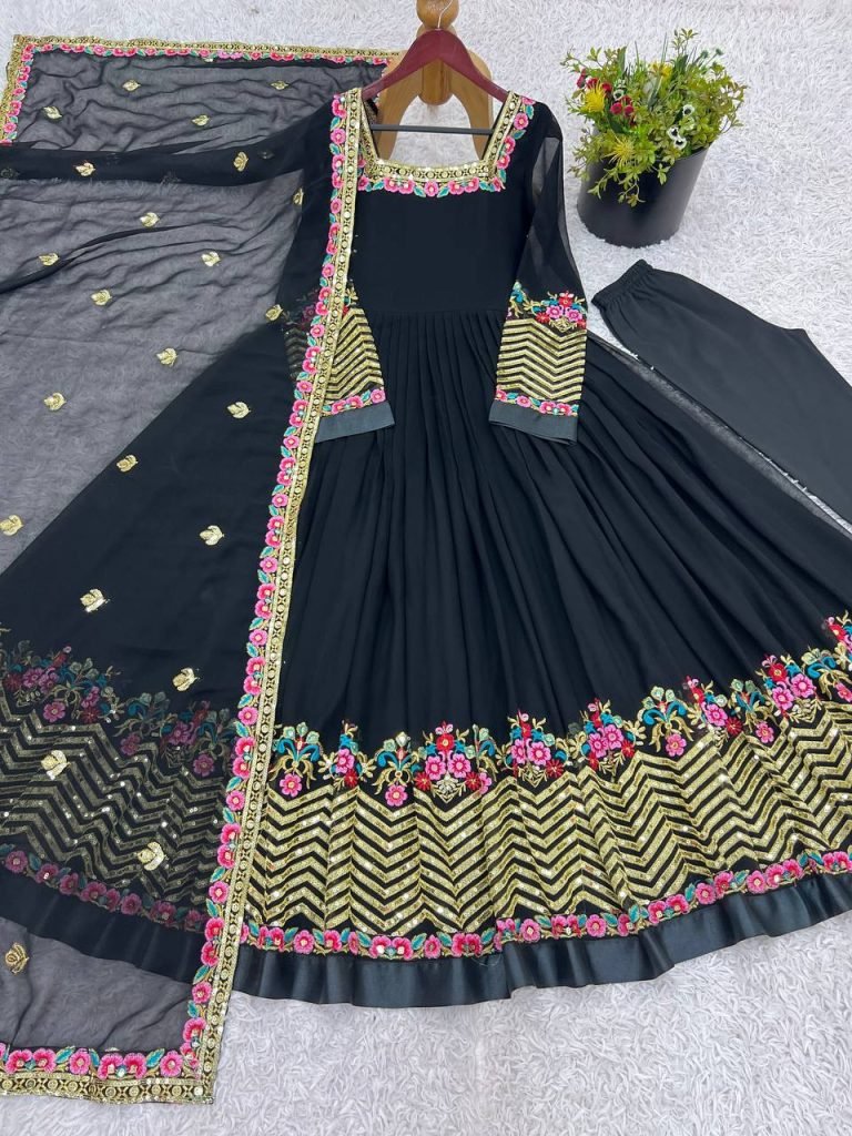 Black heavy georgette embroidered sequence anarkali three piece set