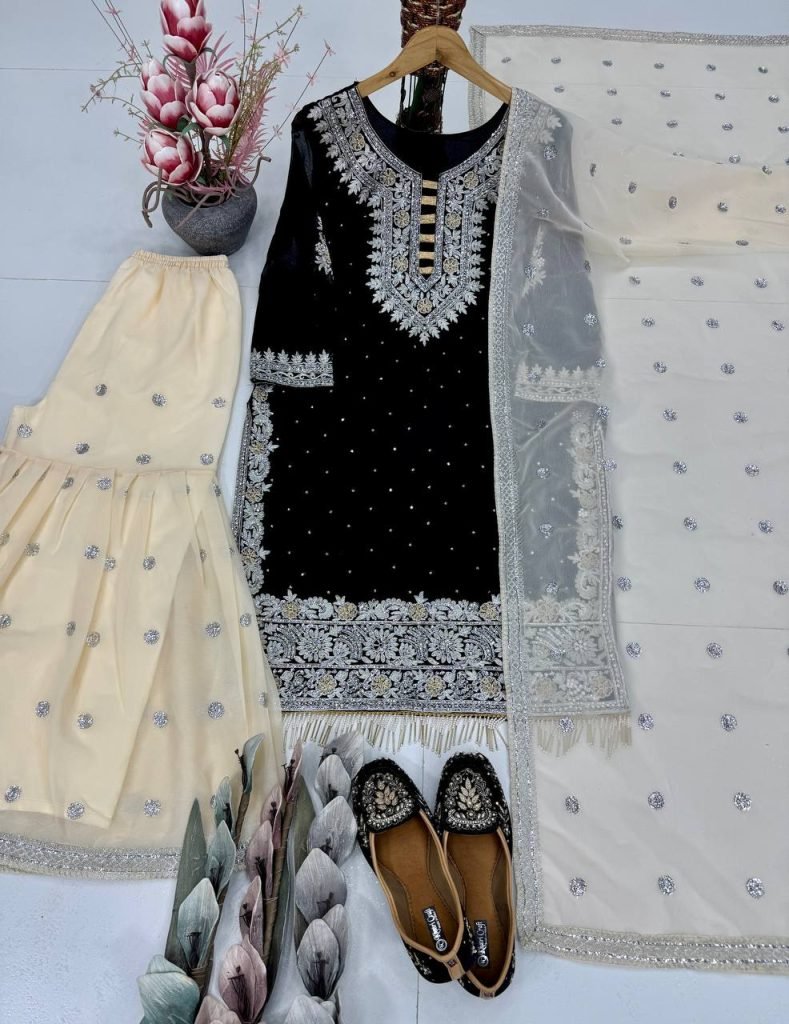 Black heavy fuax georgette sequence work with fancy lace sharara suit set