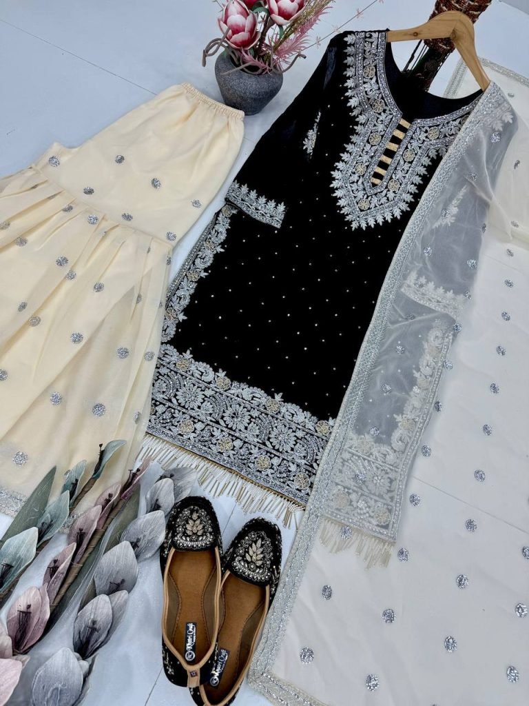Black heavy fuax georgette sequence work with fancy lace sharara suit set