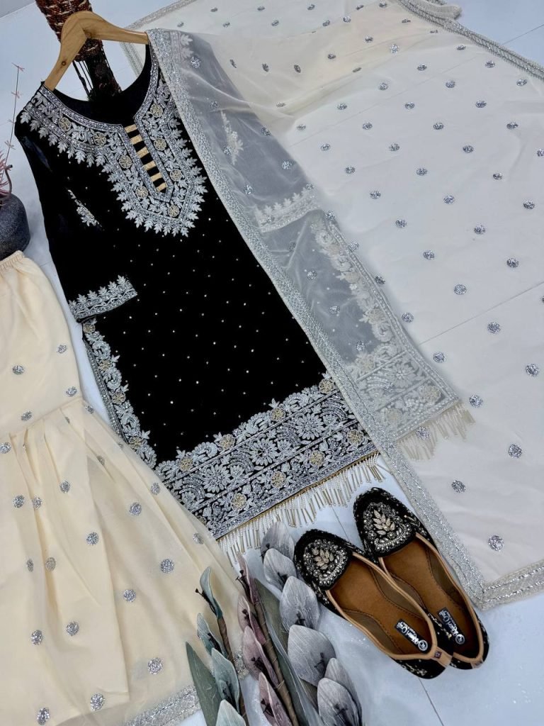 Black heavy fuax georgette sequence work with fancy lace sharara suit set