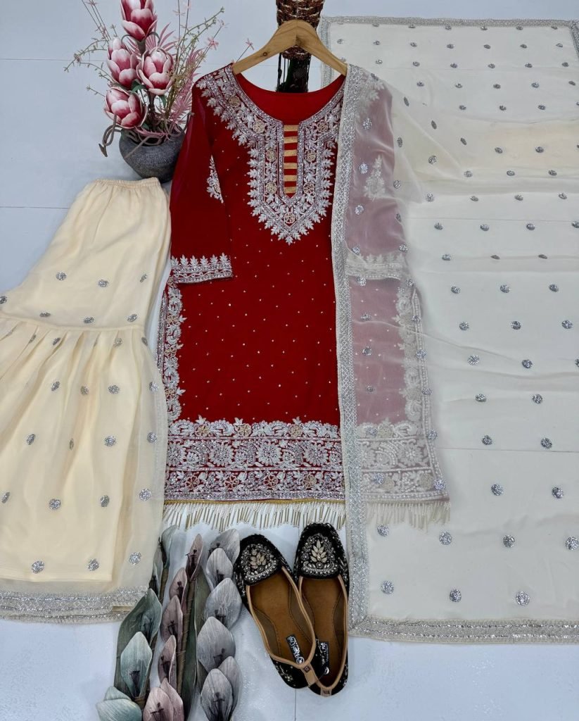 Red heavy fuax georgette sequence work with fancy lace sharara suit set