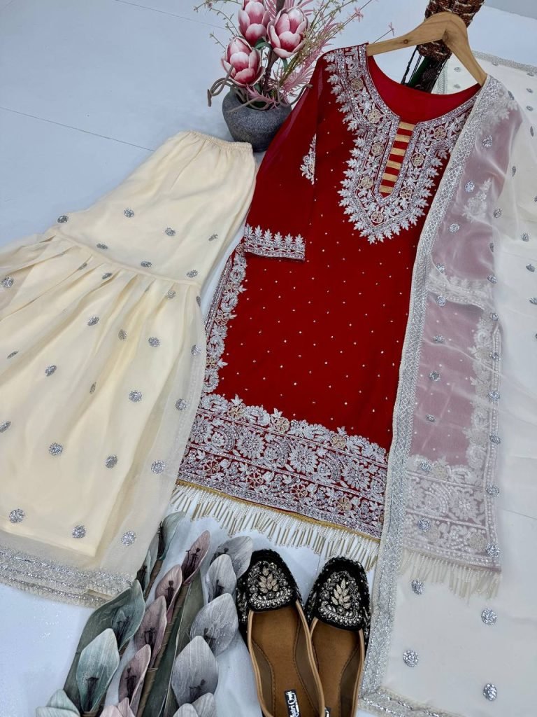 Red heavy fuax georgette sequence work with fancy lace sharara suit set