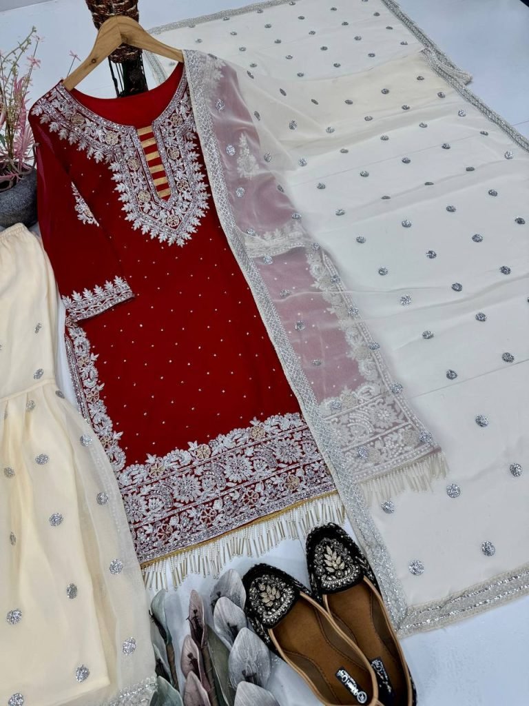 Red heavy fuax georgette sequence work with fancy lace sharara suit set