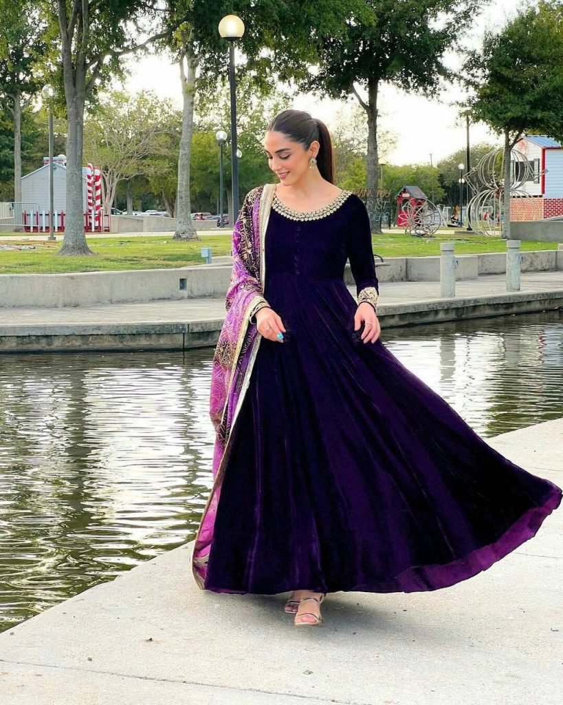 Purple heavy velvet embroidery sequence party gown & dupatta set