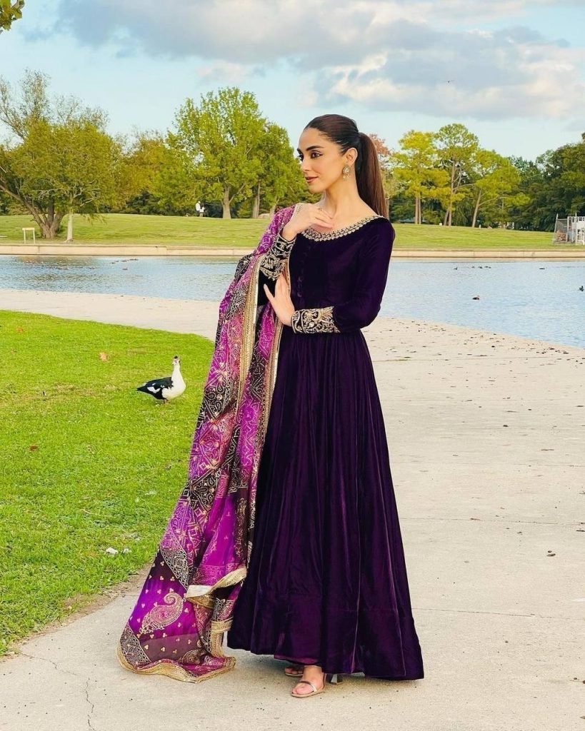 Purple heavy velvet embroidery sequence party gown & dupatta set