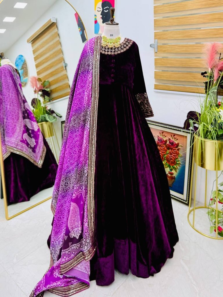 Purple heavy velvet embroidery sequence party gown & dupatta set