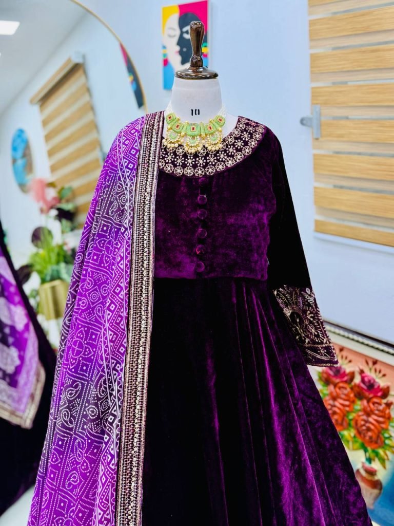 Purple heavy velvet embroidery sequence party gown & dupatta set