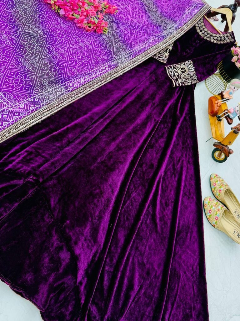 Purple heavy velvet embroidery sequence party gown & dupatta set