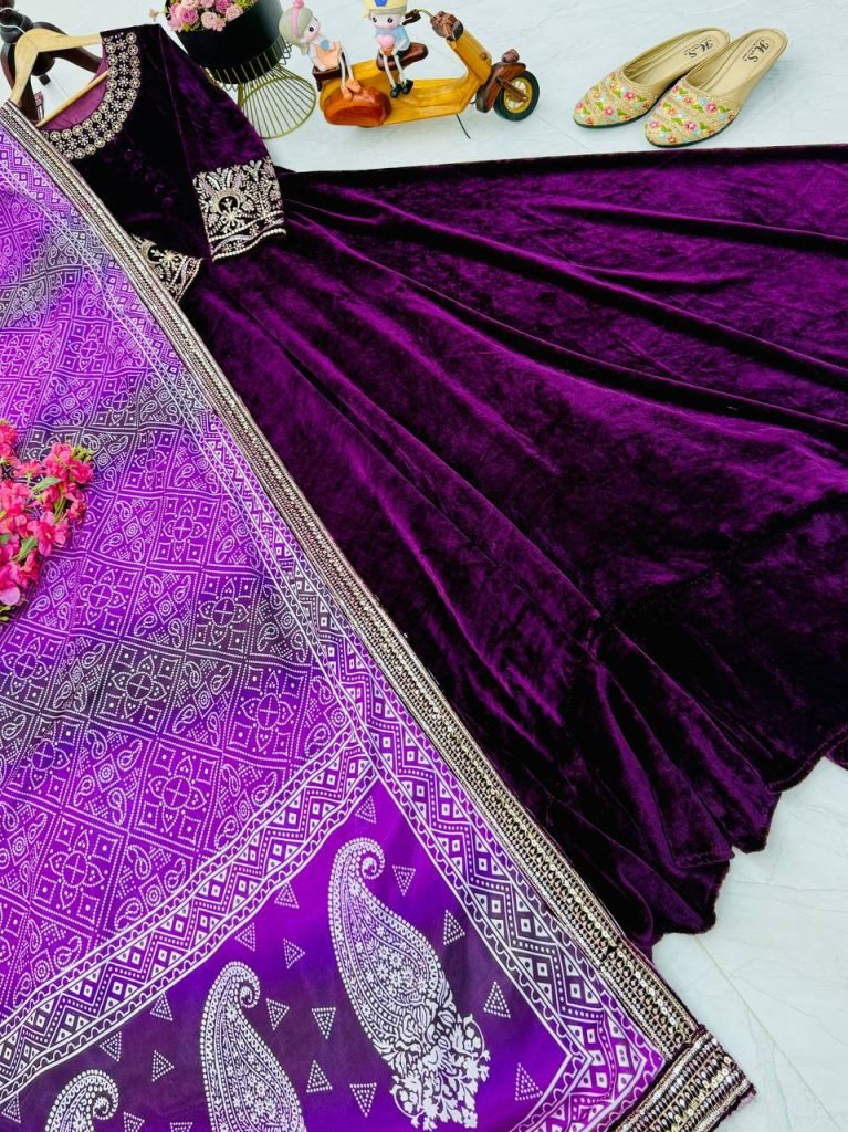 Purple heavy velvet embroidery sequence party gown & dupatta set