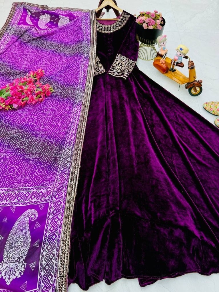 Purple heavy velvet embroidery sequence party gown & dupatta set