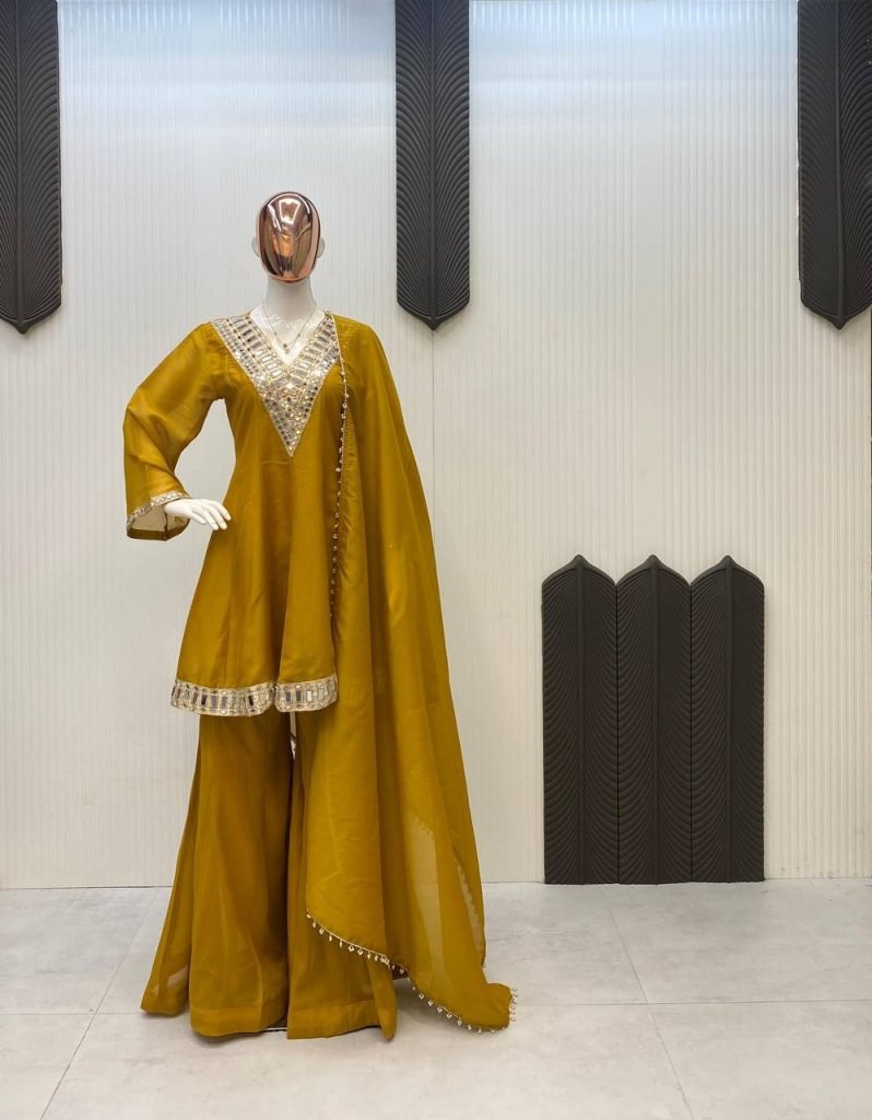 Yellow cosmos mirror with embroidery work top palazzo and dupatta