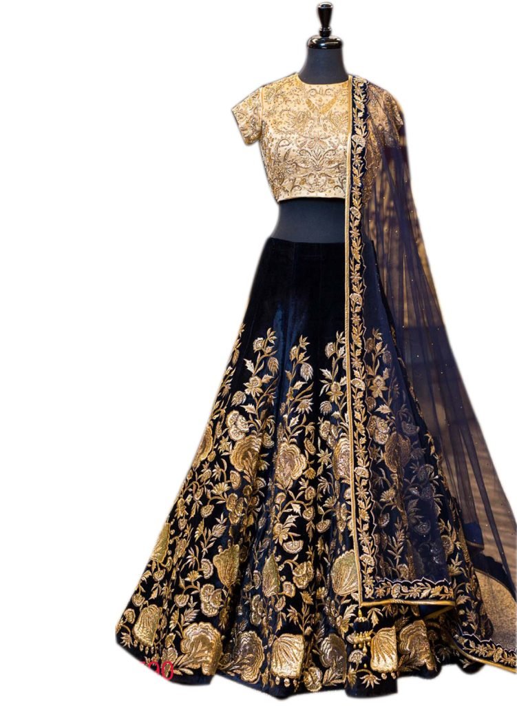 Bollywood Style NAVY BLUE Velvet Embroidery Work Semi-Stitched Lehenga Choli