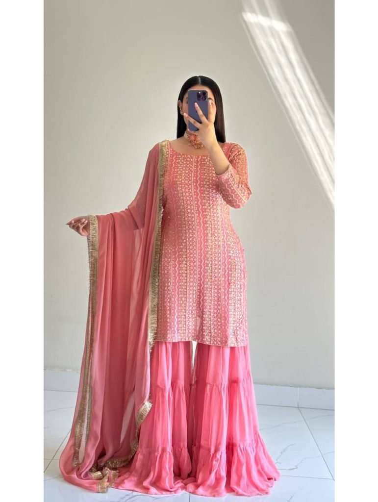 Pink fox georgette embroidery sequence party top palazzo & dupatta Set