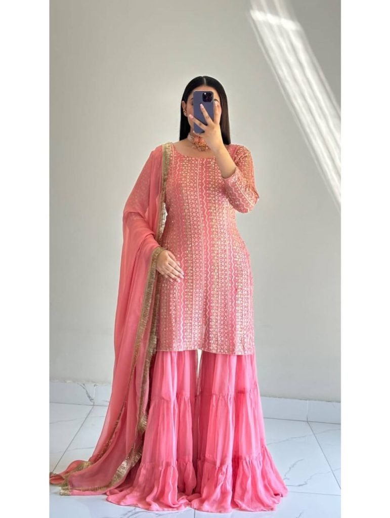 Pink fox georgette embroidery sequence party top palazzo & dupatta Set