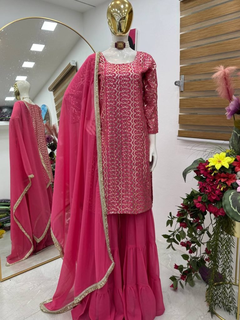Pink fox georgette embroidery sequence party top palazzo & dupatta Set