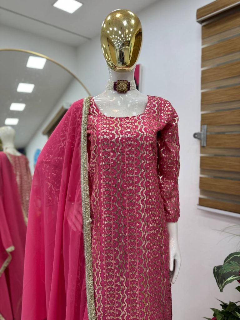 Pink fox georgette embroidery sequence party top palazzo & dupatta Set