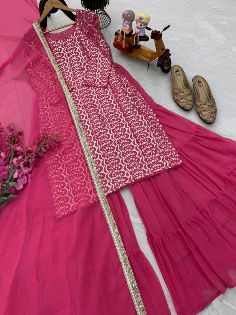 Pink fox georgette embroidery sequence party top palazzo & dupatta Set