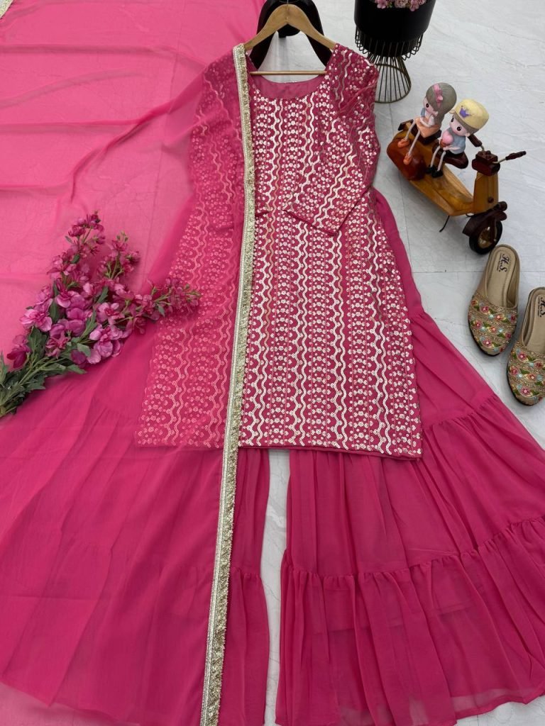 Pink fox georgette embroidery sequence party top palazzo & dupatta Set