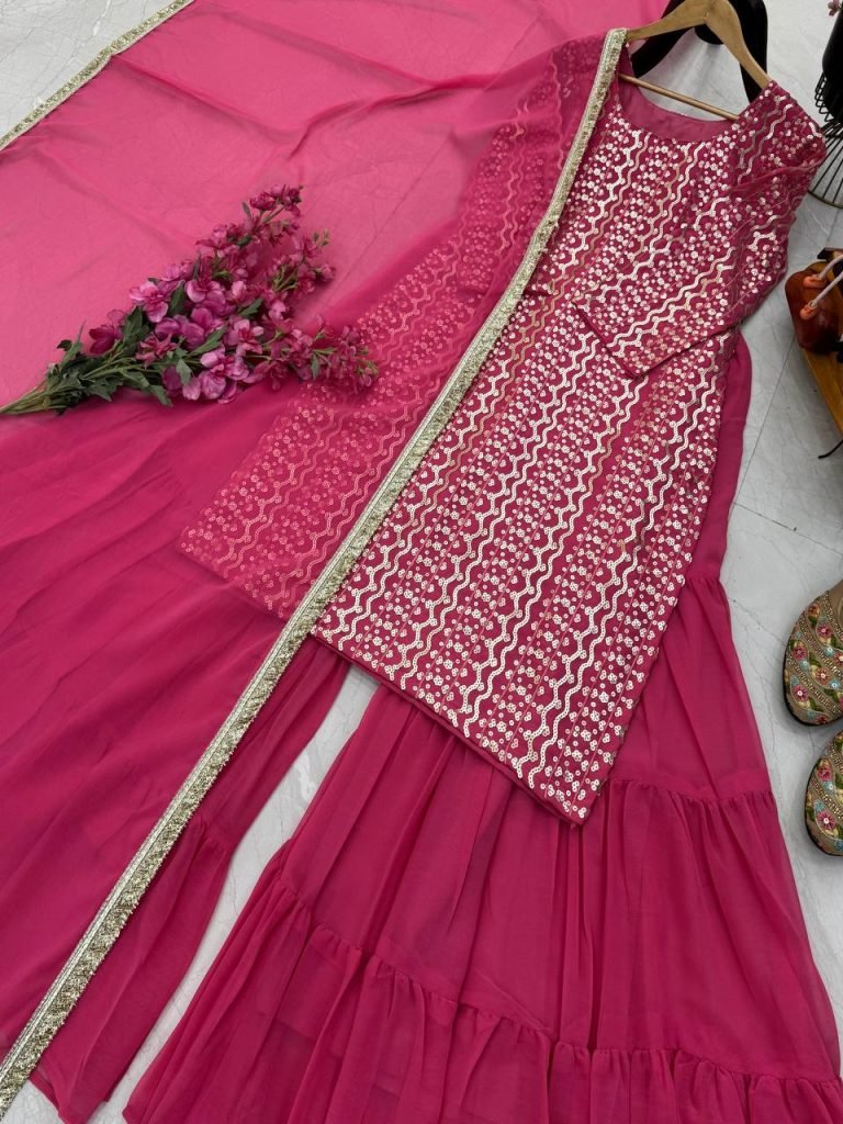 Pink fox georgette embroidery sequence party top palazzo & dupatta Set