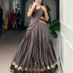 Dark brown chettinad cotton chex with zari weaving work lehenga choli