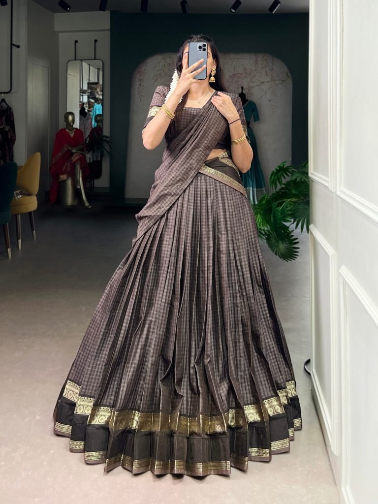 Dark brown chettinad cotton chex with zari weaving work lehenga choli