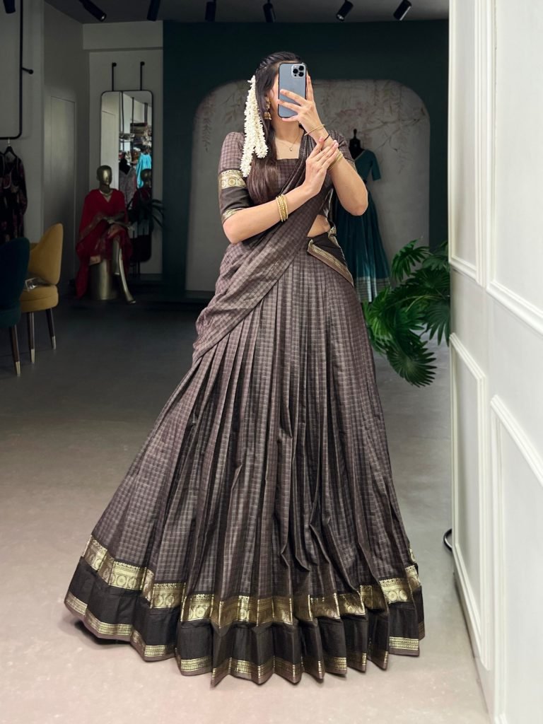 Dark brown chettinad cotton chex with zari weaving work lehenga choli