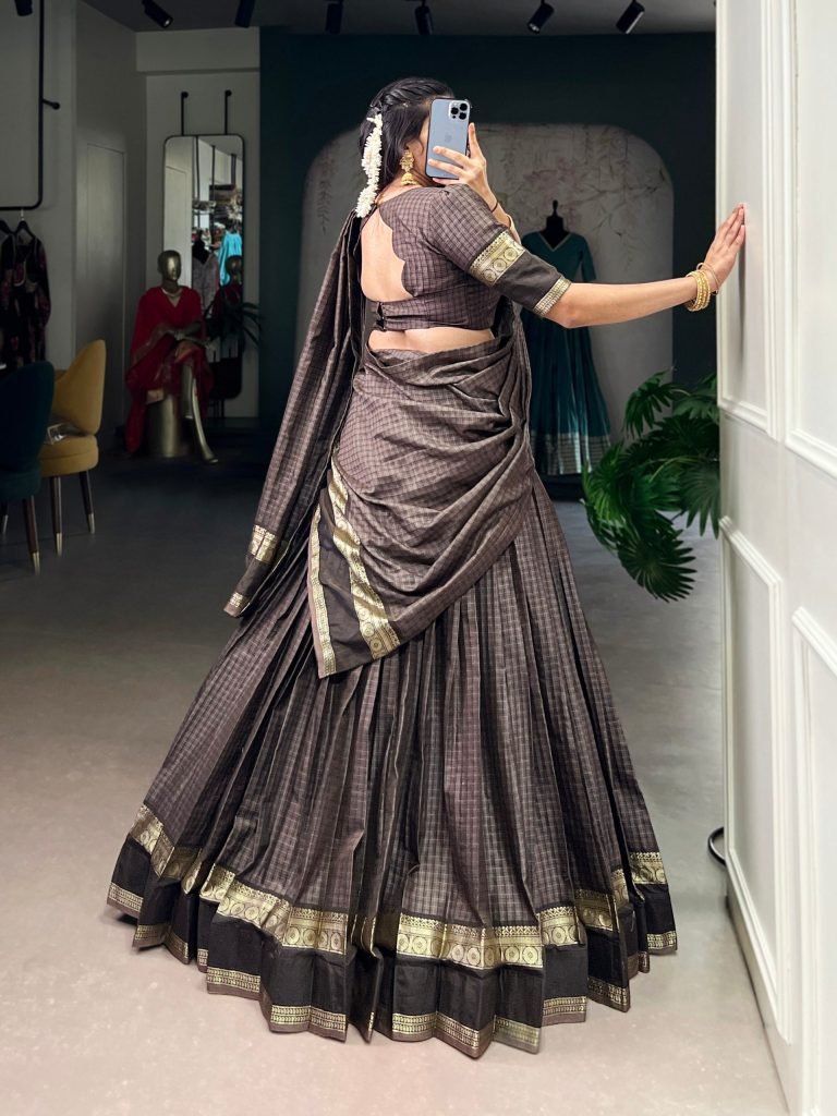 Dark brown chettinad cotton chex with zari weaving work lehenga choli