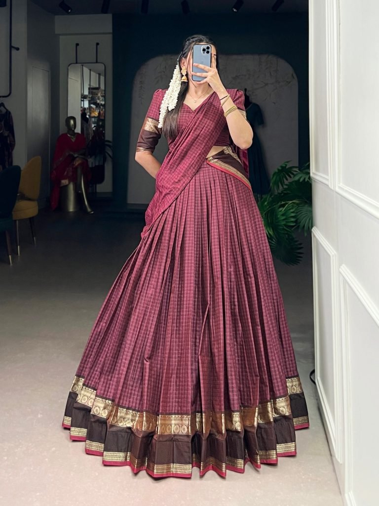 Rani chettinad cotton chex with zari weaving work lehenga choli
