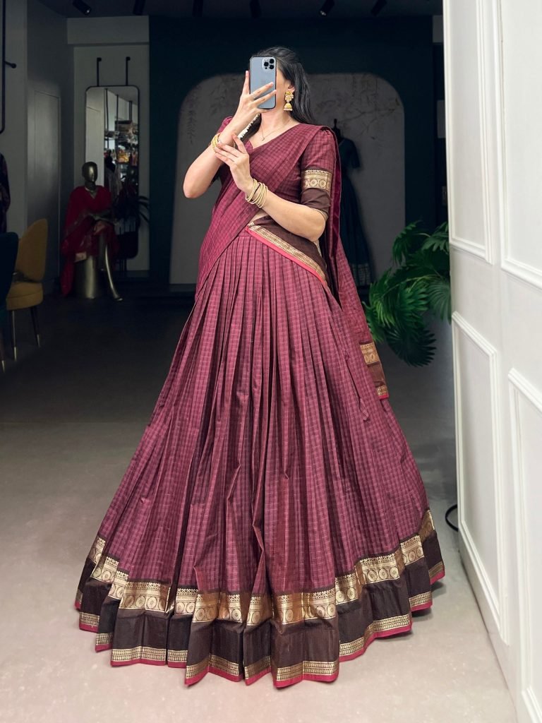 Rani chettinad cotton chex with zari weaving work lehenga choli