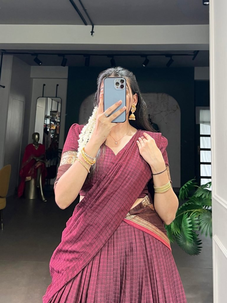 Rani chettinad cotton chex with zari weaving work lehenga choli