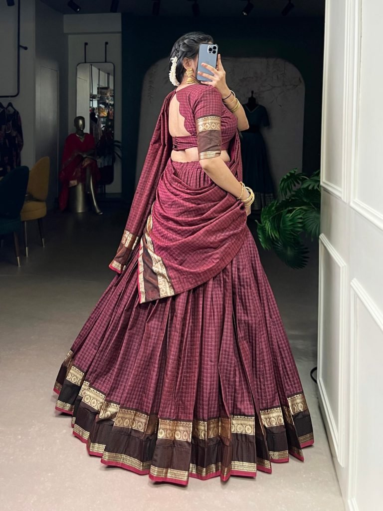 Rani chettinad cotton chex with zari weaving work lehenga choli
