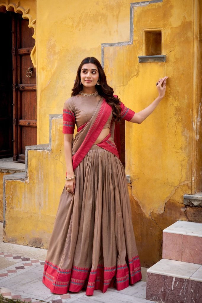 Brown pure chanderi thread work lehenga celebrates pure ethnic wear