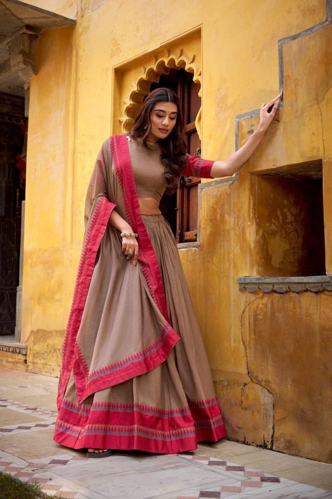 Brown pure chanderi thread work lehenga celebrates pure ethnic wear
