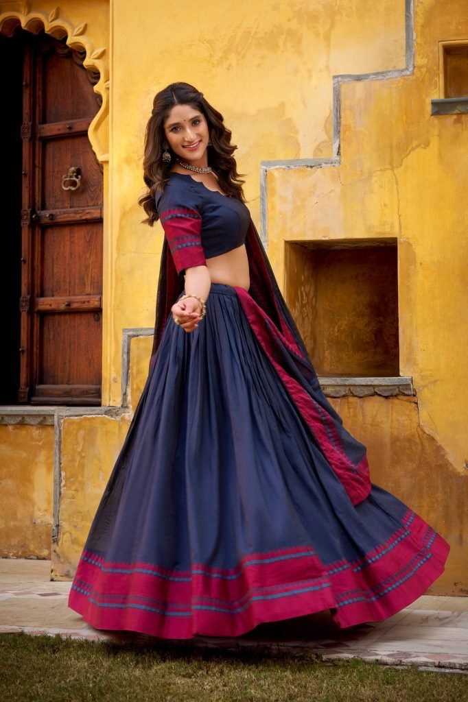 Navy blue pure chanderi thread work lehenga celebrates pure ethnic wear