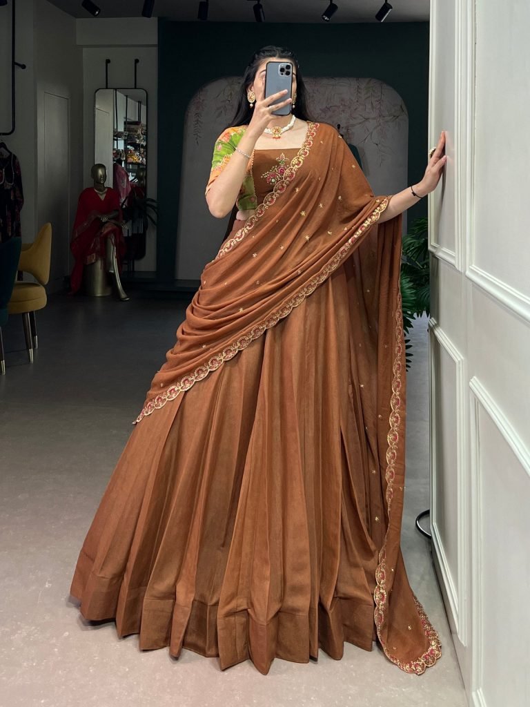Brown Chocolate Crush embroidery work lehenga, blouse and dupatta