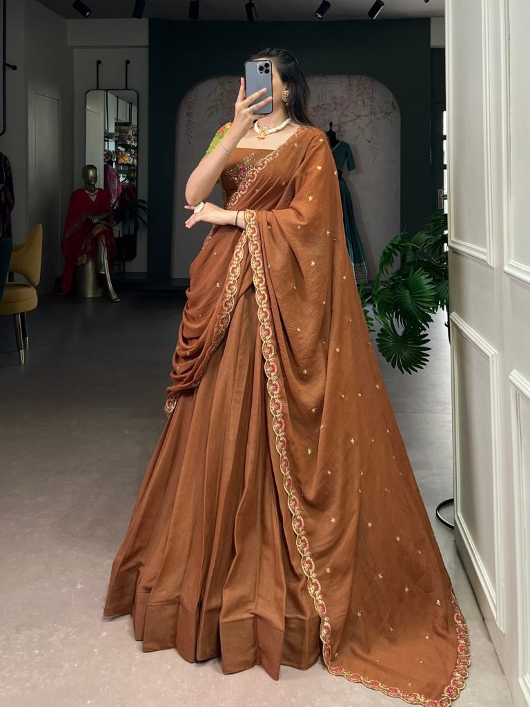 Brown Chocolate Crush embroidery work lehenga, blouse and dupatta